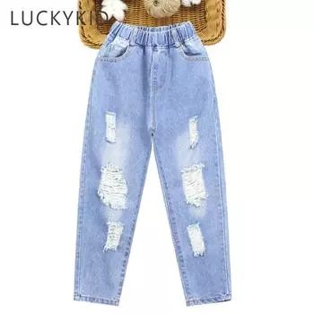 Джинсы для девочек, Повседневный стиль, рваные джинсы для девочек, детские однотонные джинсы для детей, подростковая одежда для девочек 100