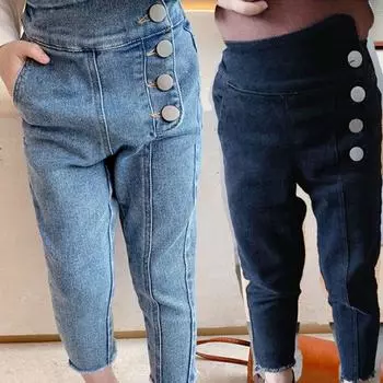 Джинсы для девочек с высокой талией и четырьмя пуговицами, весна-осень 13