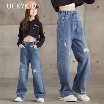 Джинсы для девочек, широкие брюки, прямые хлопковые детские свободные джинсы, рваные джинсовые брюки, модная детская одежда для больших девочек 120 синий