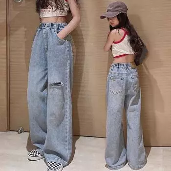 Джинсы для девочек. Весенние и осенние модели. Широкие брюки для больших девочек. Свободные прямые брюки для мытья полов с высокой талией. 170 синий