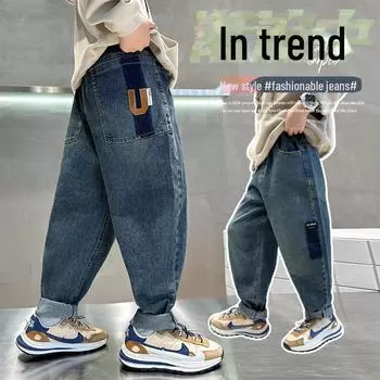 Джинсы для мальчиков 2024 года с широкими штанинами: Корейская мода на весну и осень Spring and Autumn, 120cm синий