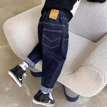 Джинсы для мальчиков Детские осенние брюки Весенняя и осенняя мода для мальчиков Осень и зима Плюс Плотные бархатные брюки 170