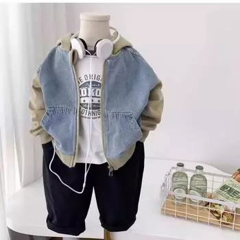 Джинсы для мальчиков, куртки, весна, мода для девочек, пальто с капюшоном, осенняя детская одежда, детская повседневная верхняя одежда с цветными блоками на молнии 160cm