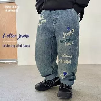 Джинсы для мальчиков с мягким принтом и буквами — весна/осень 2024 г., корейский стиль 130cm синий