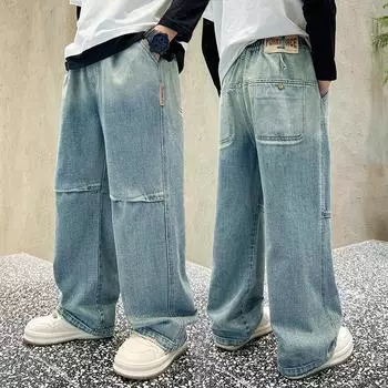 Джинсы для мальчиков, синие, с эластичной резинкой на талии, джинсовые брюки, детская одежда, свободные повседневные брюки для мальчиков 160cm синий