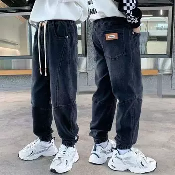 Джинсы для мальчиков весна-осень, черные, детские, свободные, повседневные, модные, спортивные брюки на шнурке 170 чёрный