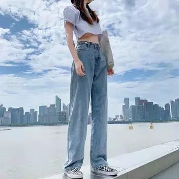 Джинсы для мам, прямые брюки, свободные свободные брюки с высокой талией больших размеров, женские повседневные ковбойские брюки-бойфренды, винтажные широкие брюки XS синий