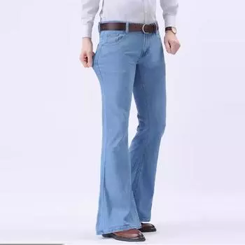 Джинсы для мужчин, мужские расклешенные облегающие модные джинсы с широкими штанинами, мужские эластичные тонкие брюки Bootcut 28 светло-синий