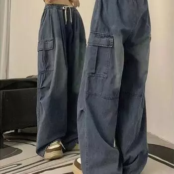 Джинсы Fat MM очень большие, 300 фунтов, рабочая одежда, женские уличные джинсы в американском стиле с высокой талией, широкие брюки, свободные повседневные брюки с накладными карманами L синий
