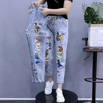 Джинсы Fat сестра, женские модные универсальные повседневные брюки с высокой талией Harlan Daddy, летние тонкие брюки-карандаш с девятью точками 2XL синий