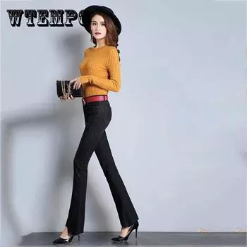 Джинсы Flare-Pants Stretch Женщины Высокая талия Широкая нога Джинсы Стрейч Тонкие брюки Длина Джинсы 32