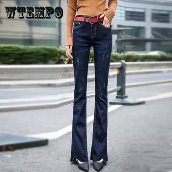 Джинсы Flare-Pants Stretch Женщины Высокая талия Широкая нога Джинсы Стрейч Тонкие брюки Длина Джинсы 32