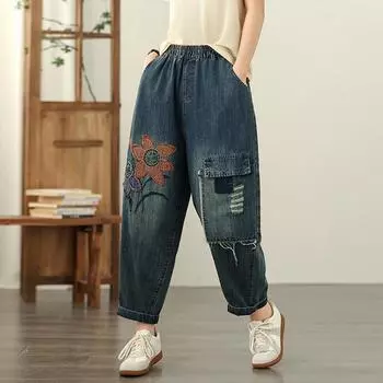 Джинсы гаремы женские свободные с большим карманом винтажные пэчворк с высокой талией джинсовые укороченные брюки женские повседневные уличная одежда женские брюки 2025 S синий