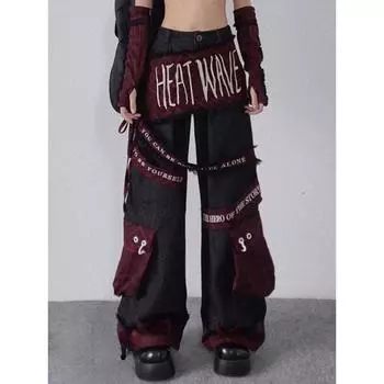 Джинсы Harajuku для женщин Вышитые брюки с высокой талией Уличная туника Y2k Расклешенные брюки Лоскутные клетчатые карманы Панталоны женские S чёрный