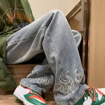 Джинсы Harajuku с пламенным принтом Мужские и женские свободные прямые брюки High Street Мужские джинсы Y2k S синий