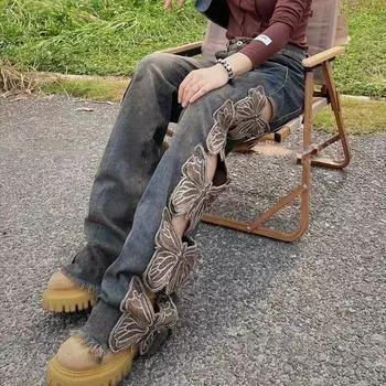 Джинсы Harajuku женские винтажные брюки Y2k с вышивкой, джинсовые брюки с высокой талией, рваный дизайн, прямые брюки с широкими штанинами и полыми бабочками S синий