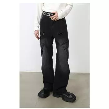Джинсы High Street с несколькими карманами, стираные, мужские, дизайнерские, свободные, рабочая одежда, широкие брюки, прямые, свободные джинсы для мужчин, модные и удобные брюки S черный серый