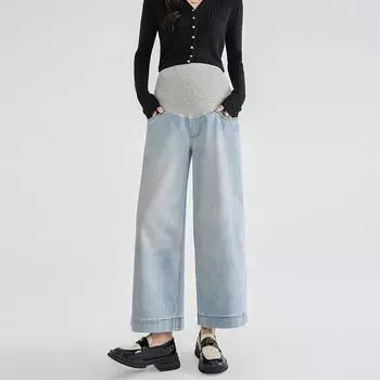 Джинсы из флиса для беременных с поддержкой: Осенне-зимние свободные прямые брюки 9/10 слим для беременных 2XL