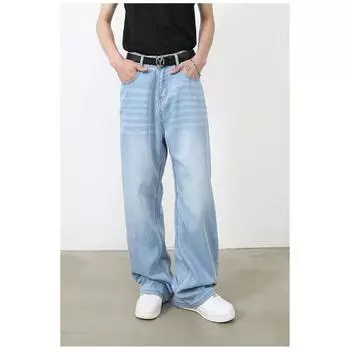 Джинсы из лайкры и тенселя, мужские летние тонкие прямые свободные брюки с драпировкой, прямые свободные джинсы для мужчин, модные и удобные брюки S светло-синий