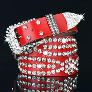 Джинсы из натуральной кожи с ромбовидным ремнем и пряжкой-иглой, универсальный модный ремень из коровьей кожи, пояс со стразами, юбка 110cm красный