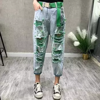 Джинсы-карандаш с рваными краями и жемчугом, синие, длиной до икры, женские джинсовые брюки с высокой талией, большие размеры 3XL, летние джинсовые брюки S зелёный