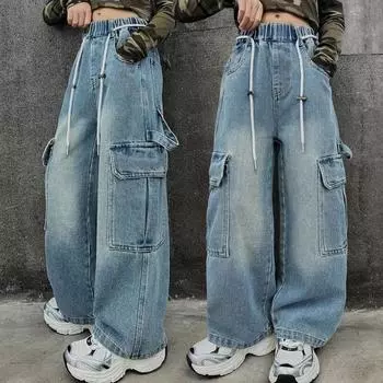 Джинсы-карго для девочек, весна-осень, свободные, повседневные, с эластичной резинкой на талии, для подростков, широкие брюки, уличные, детские брюки 170 синий