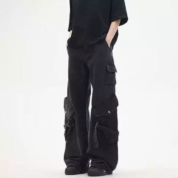 Джинсы карго Niche Design, мужские, с большими свободными карманами, с широкими штанинами, в стиле High Street Vibe, прямые брюки S чёрный