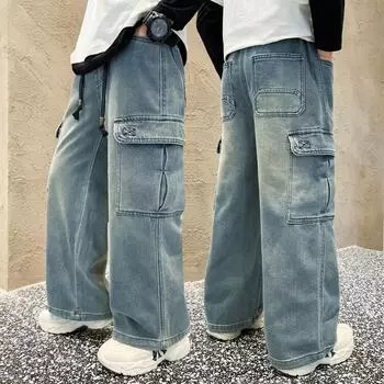 Джинсы-карго прямого покроя для мальчиков, подростковые, детские, широкие, джинсовые брюки для детей, свободные карманы, брюки весна-осень 170 синий