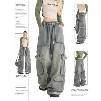Джинсы-карго с карманами и клапанами, эластичные мешковатые брюки с высокой талией, женские уличные брюки в стиле Харадзюку, 2023, техническая одежда, прямые брюки полной длины в стиле хип-хоп L синий