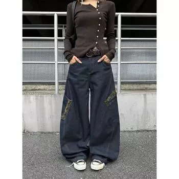 Джинсы-карго с леопардовым принтом для женщин Y2k Hip Hop Casual Baggy Pocket Корейские широкие джинсовые брюки Harajuku Chic Slacks S синий