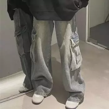 Джинсы-карго унисекс в американском стиле с потертостями на осень/зиму 2024 г. M синий