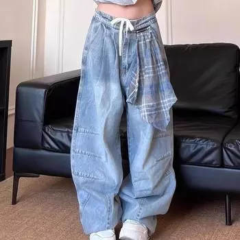 Джинсы-карго Y2K, женские уличные клетчатые лоскутные широкие джинсовые брюки, летние прямые брюки в стиле Харадзюку в корейском стиле S синий