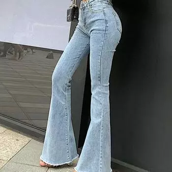 Джинсы-клеш, брюки, женские винтажные джинсовые джинсы, женские модные эластичные высокие и тонкие брюки с высокой талией, уличная одежда, джинсы в стиле ретро S темно-синий