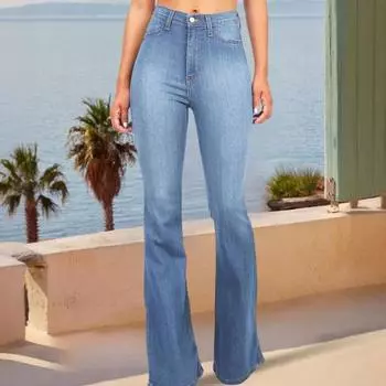 Джинсы-клеш для женщин с высокой талией, расклешенные джинсы, эластичные брюки-клеш из денима, повседневные расклешенные брюки из денима с широкими штанинами S темно-синий