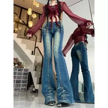 Джинсы-клеш, джинсовые брюки с заклепками, брюки y2k с высокой талией, Харадзюку, панк, готика, гранж, эстетичная женская одежда, элегантные длинные брюки S синий