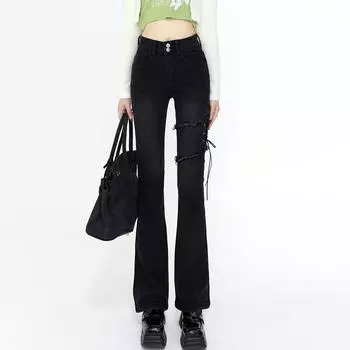 Джинсы-клеш на шнуровке, женские летние черные винтажные тонкие узкие брюки с высокой талией, джинсовые брюки, уличная одежда, корейская мода Y2K S чёрный