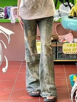 Джинсы-клеш с принтом в стиле ретро, женские S синий