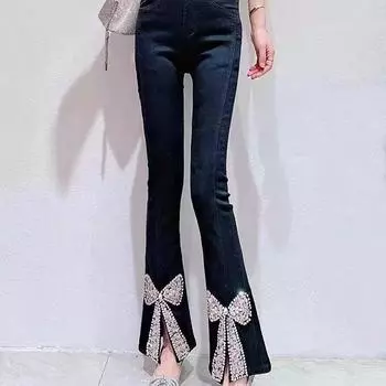 Джинсы-клеш с разрезом, отделанные кристаллами, стразами и бриллиантами, женские, слегка расклешенные, с высокой талией, большие размеры 3XL S чёрный
