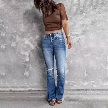 Джинсы-клеш с высокой талией для женщин, рваные расклешенные джинсы, эластичные джинсовые брюки на весну и лето S светло-синий