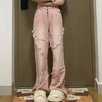 Джинсы-клеш с высокой талией и рваной бахромой, светло-розовые джинсовые брюки, женские джинсовые брюки-клеш с легким вырезом y2k S розовый