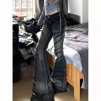 Джинсы-клеш в полоску с граффити и принтом зебры. Джинсовые брюки. Легкие брюки-клеш. Брюки y2k в стиле Харадзюку. Панк, готика, гранж. S темно серый