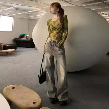 Джинсы Mocha Grey Retro Wide Leg для женщин 2024 года, новые прямые свободные брюки с высокой талией XS