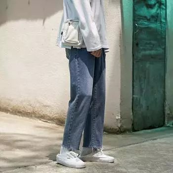 Джинсы мужские модные брендовые свободные прямые брюки в стиле пэчворк в стиле папы корейская версия трендовые универсальные весенние повседневные укороченные брюки S
