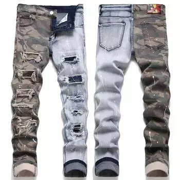 Джинсы мужские облегающие эластичные с цветными блоками из хлопка, эластичные, армейского зеленого цвета с перфорацией и принтом 30 бездна