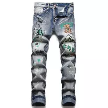 Джинсы мужские обтягивающие с принтом букв, с микро-эластичным узором, в стиле панк, с белой потертостью, на маленькую ногу 3299 33 индиго