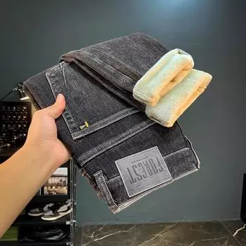 Джинсы мужские осенне-зимние новые утолщенные брюки на флисовой подкладке эластичные универсальные брюки-карандаш с микроконусом повседневные длинные брюки 28 чёрный