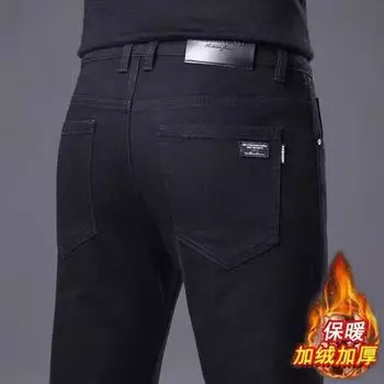 Джинсы мужские плотные с флисовой подкладкой, прямые, свободные, молодежные, больших размеров, универсальные, облегающие, повседневные, мужские, осень/зима, чисто черные, мужские брюки 28