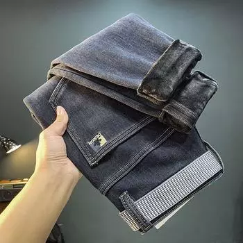 Джинсы мужские с флисовой подкладкой, теплые, плотные, вышитые, однослойные, зимние, облегающие, узкие мужские брюки с флисовой подкладкой 28 синий