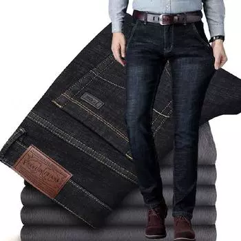 Джинсы мужские с подкладкой и утолщенные зимние свободные прямые повседневные брюки мужские зимние теплые эластичные джинсы мужские 30 темно-синий
