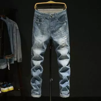 Джинсы мужские узкие прямые свободные рваные джинсовые брюки со средней талией джинсы в стиле ретро 34